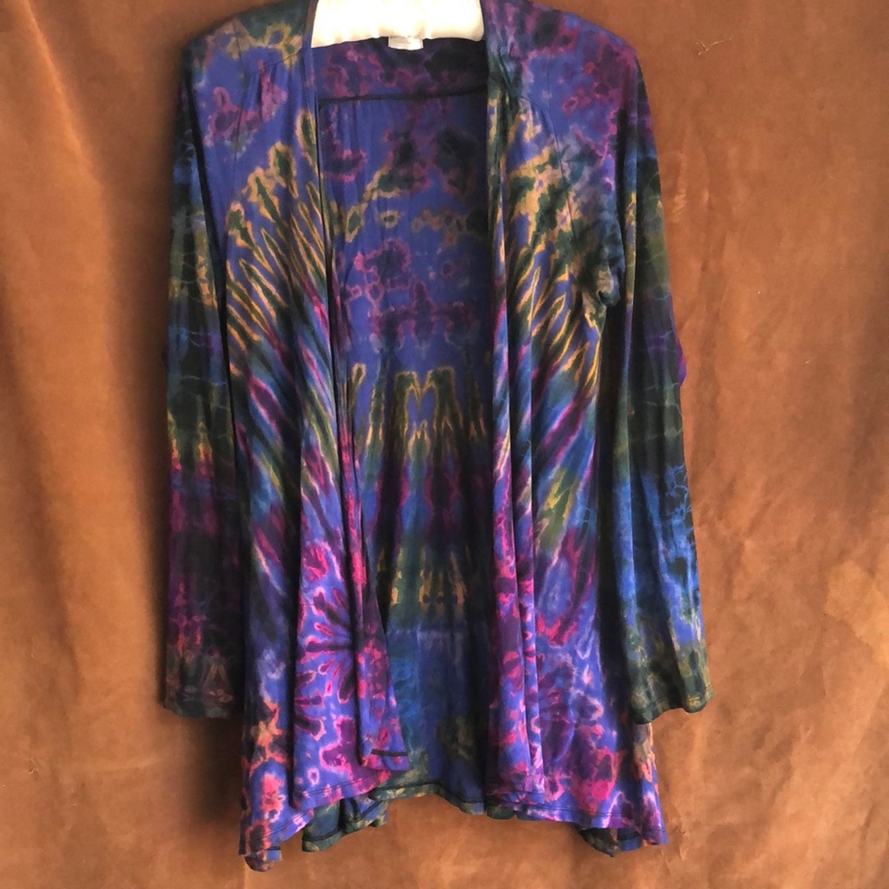 Open-Front Multicolor Tie-Dye Cardigan Sweater in Blue and Purple